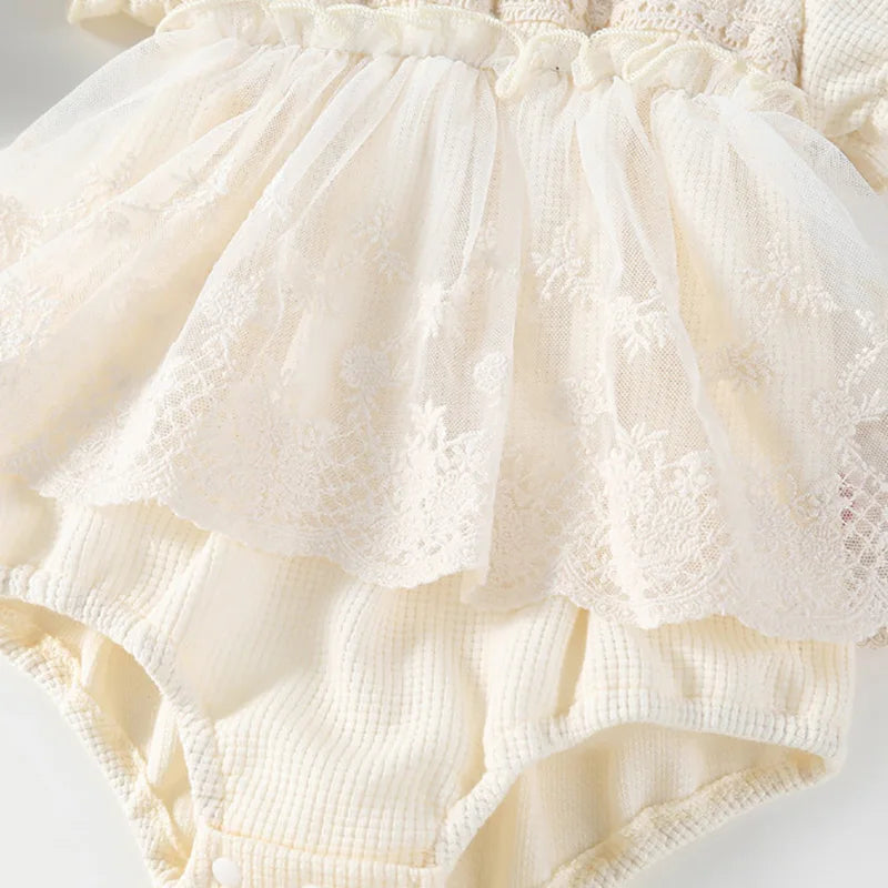 Baby Girl Tutu Skirt Bodysuit — Waffle Lace One-Piece Party Outfit for Toddlers