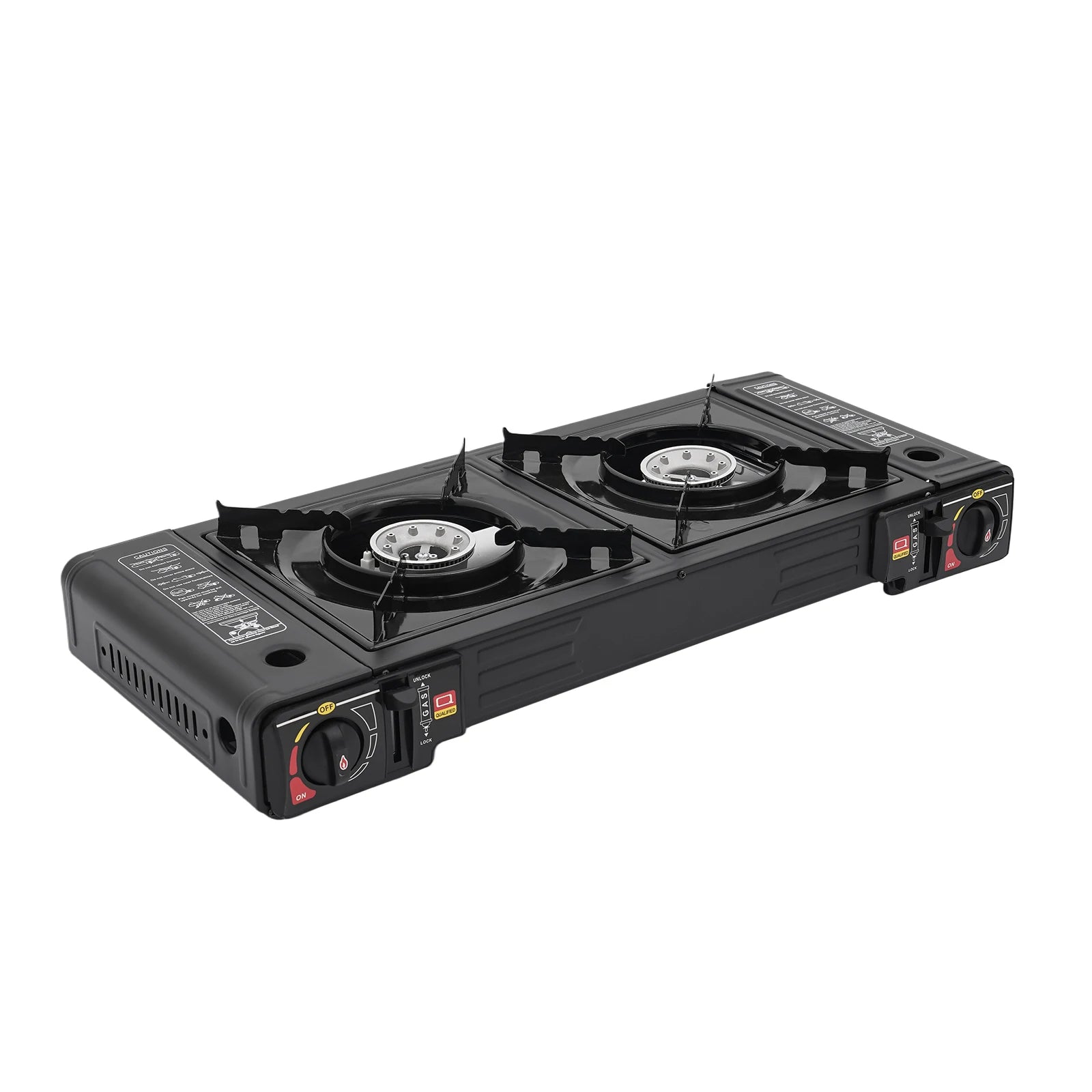 2-Burner Portable Camping Stove — 2500W Each, Butane/LPG, Piezo Ignition, Carry Case Included
