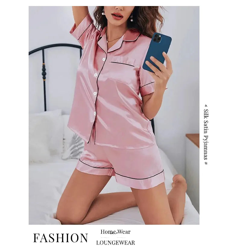 Women's Satin Sleepwear Set | Button Down Top & Shorts 2-Piece Summer Pajamas
