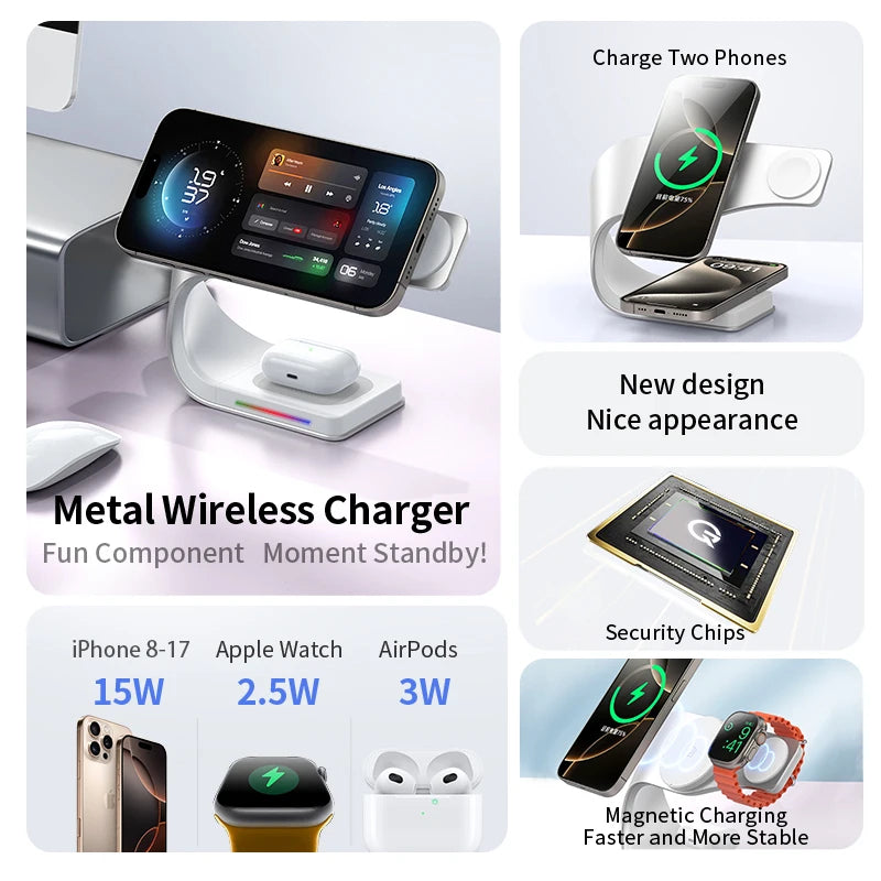 4-in-1 Metal Magnetic Wireless Charging Station 15W – iPhone 12–17, Apple Watch & AirPods
