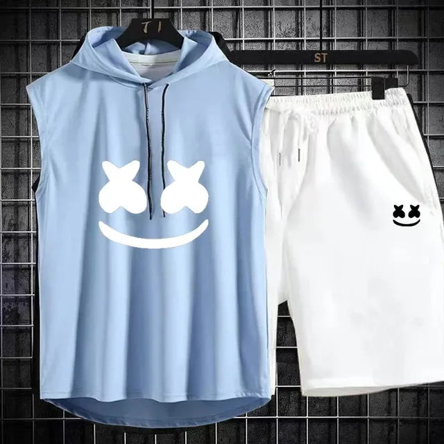 Men's Short Sleeve T-Shirt & Elastic Waist Shorts Casual Sport Set