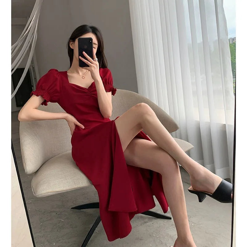 V-Neck Puff Sleeve A-Line Maxi Dress — Side Slit Slim Evening Party Dress