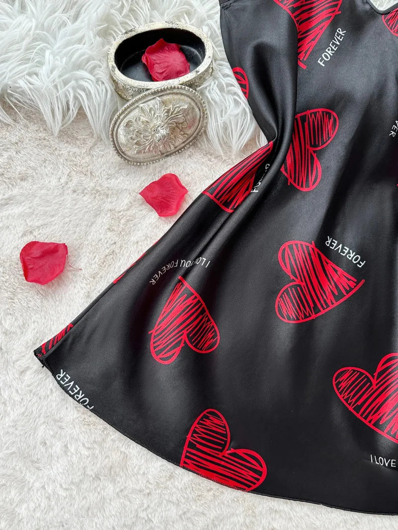 Red Lip Print Satin Slip Nightdress — V-Neck Backless Mini Sleep Dress