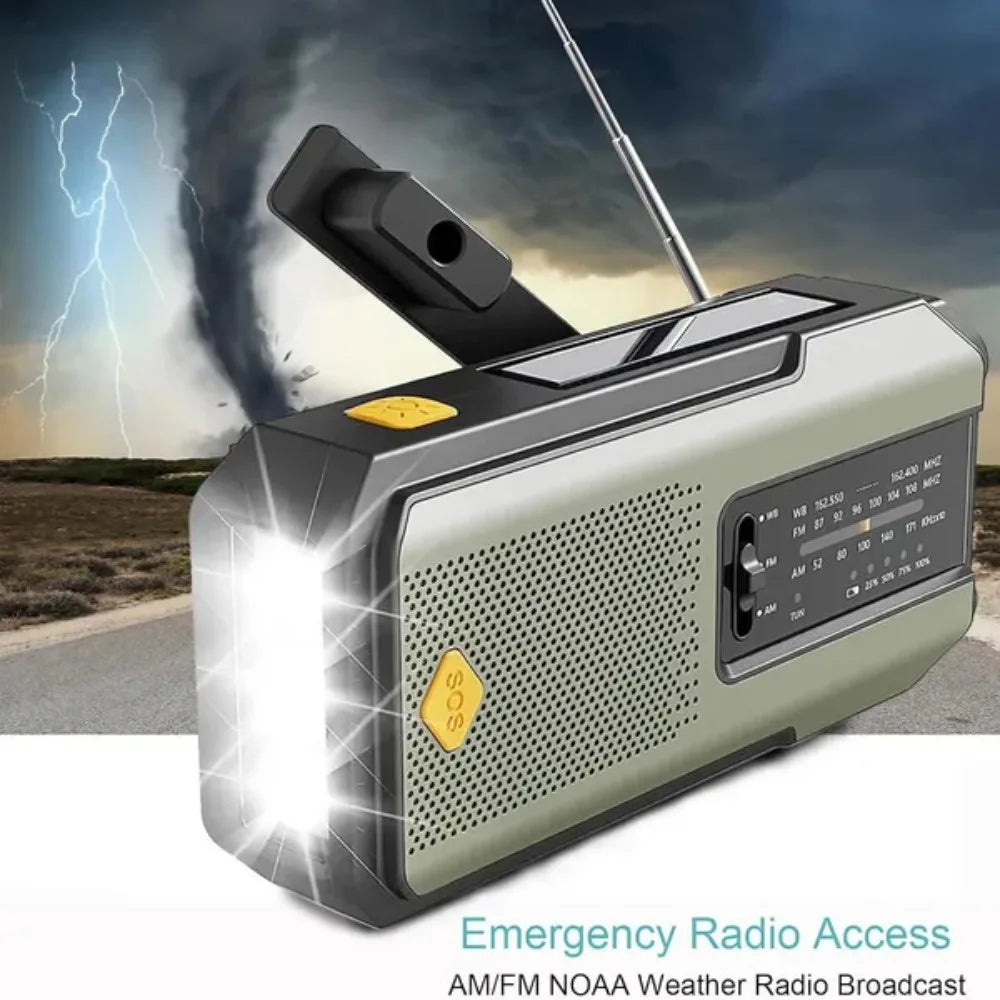 Emergency Weather Radio — FM/AM/WB, Hand Crank Solar, 2000mAh Power Bank & LED Flashlight