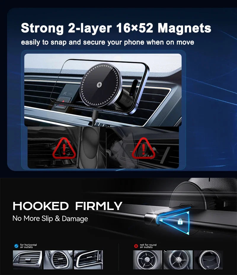 UYUXIO Strong Magnetic Wireless Car Phone Charger — MagSafe Compatible Dashboard Mount