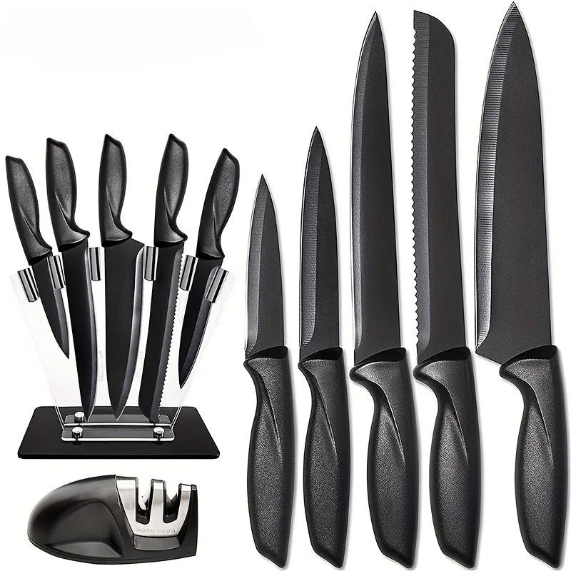 7-Piece Black Professional Chef Knife Set with Acrylic Holder – High Carbon Stainless Steel, Non-Stick Blades