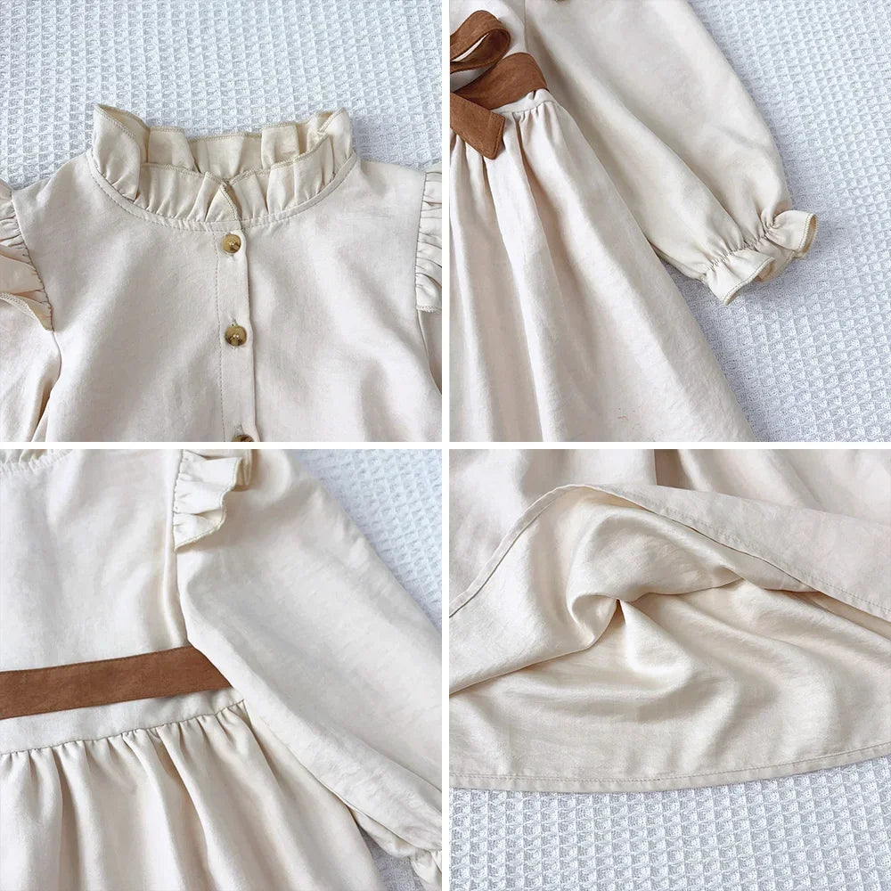 Girls Long Sleeve Stand Collar Dress — Solid Color Casual Dress (3–7 Years)