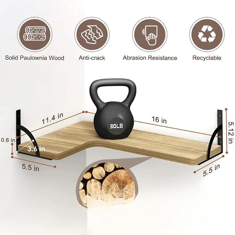L-Shaped Wood Corner Floating Shelves — Wall-Mounted Bookshelf for Living Room, Bedroom & Kitchen