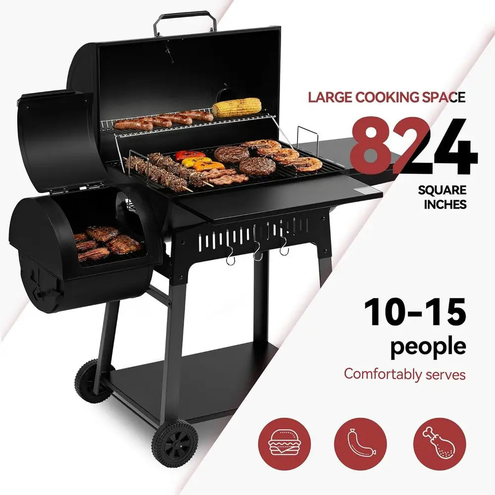 Large 824 Sq. In. Charcoal Grill with Offset Smoker | Tool Hooks, Bottom Shelf, Adjustable Charcoal Pan, Molded Wheels