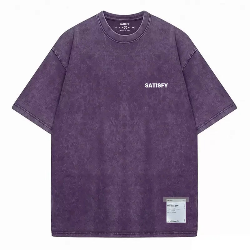 SATISFY Running MothTech Distressed Graphic T-Shirt — Loose Fit Cotton Short Sleeve Tee