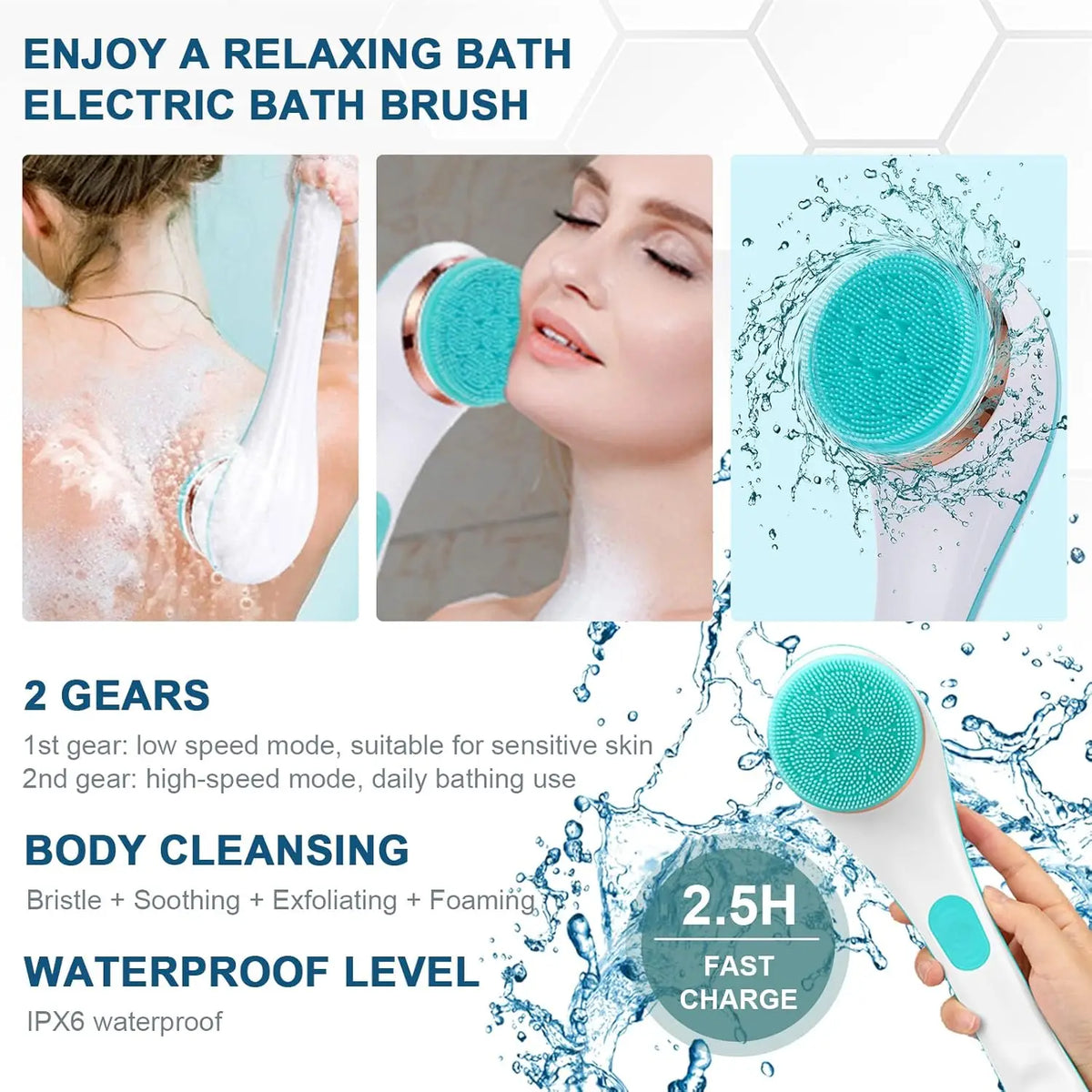 Electric Bath Brush with Long Handle – IPX6 Waterproof, 4 Replaceable Heads, Body Scrubber & Massager