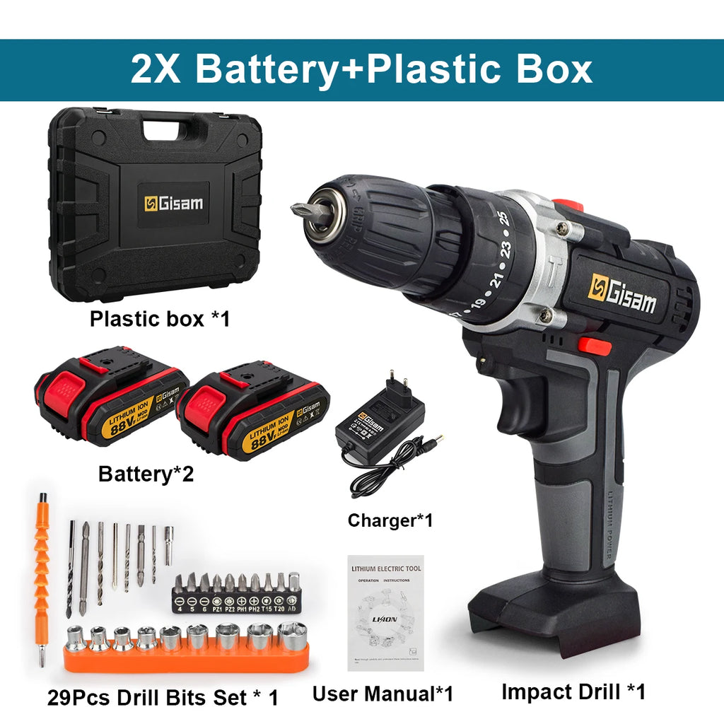 21V Cordless Impact Drill — 25+3 Torque Settings, LED Light & Drill Bits Set Included