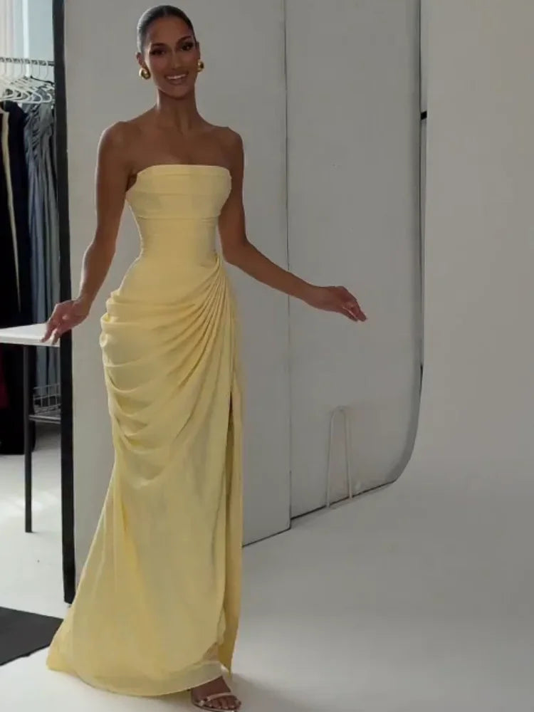 Elegant Yellow Strapless Pleated Maxi Gown — Waist-Cinching Split Evening Dress
