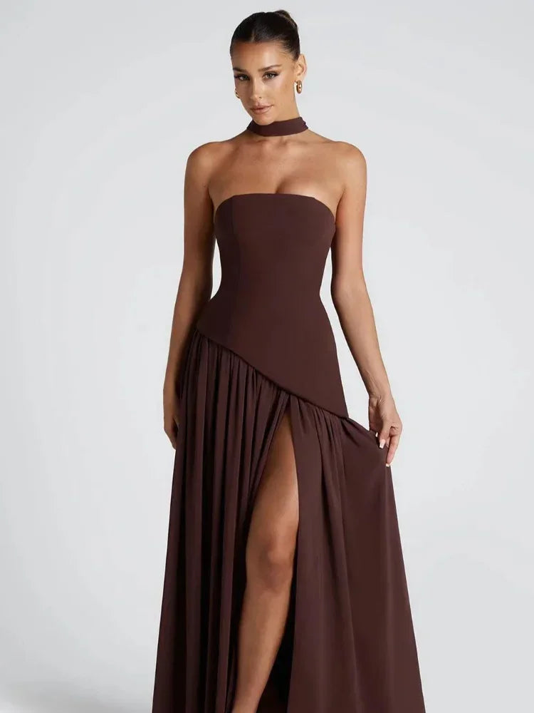 Pleated Off-Shoulder Maxi Dress — High Slit Scarf Slim Fit Evening Party Dress