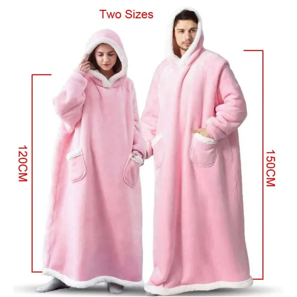 Super Long Flannel Blanket Hoodie – 180cm Oversized Fleece Sweatshirt with Sleeves for Women & Men
