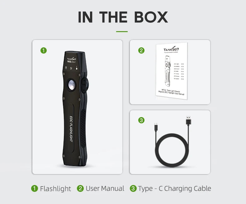 TANK007 WF02L 3-in-1 EDC Flashlight – White Light, 365nm UV & Green Laser, Magnetic Rechargeable