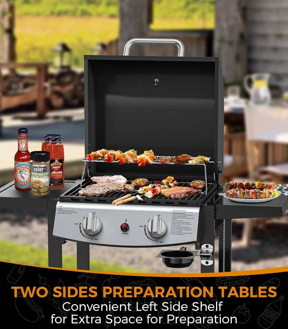 2-Burner Propane Gas BBQ Grill | 20,000 BTU, Stainless Steel, Side Shelves, Wheels, Piezo Ignition, Portable Outdoor Grill for Patio, Backyard & Camping