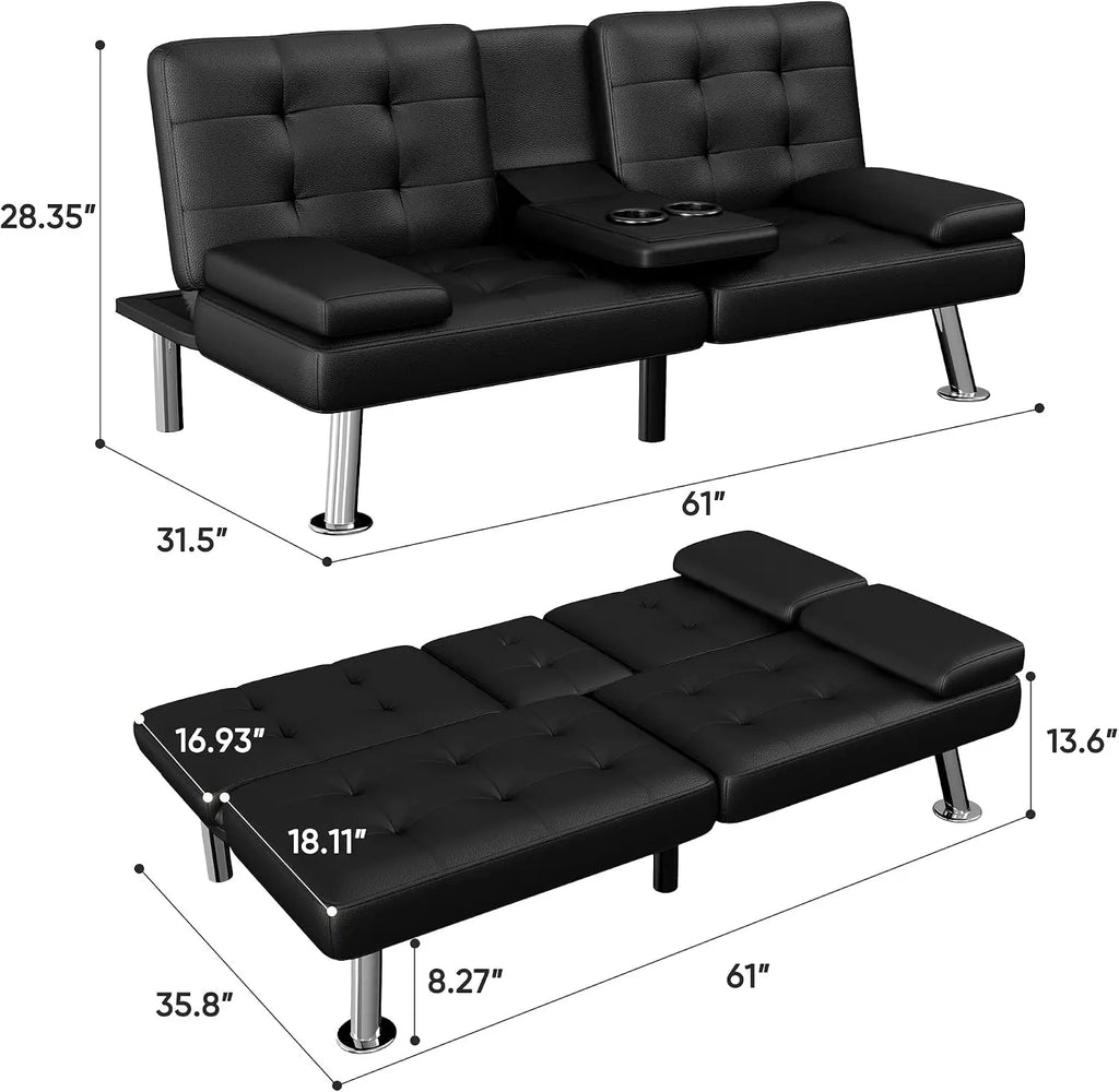 Black Futon Sofa Bed with Cup Holders & Adjustable Back