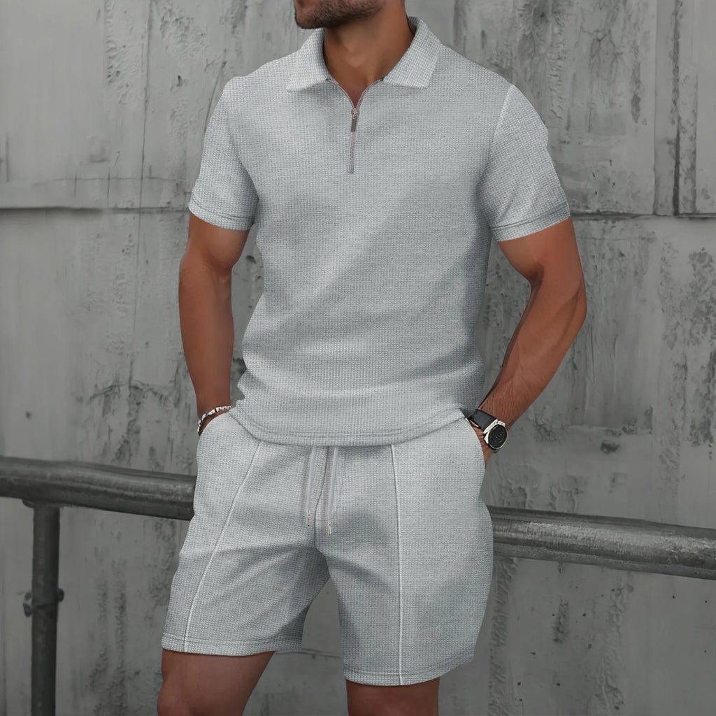 Men's Waffle Solid Color Zip Lapel Short Sleeve & Shorts Set – European Summer 2-Piece Suit