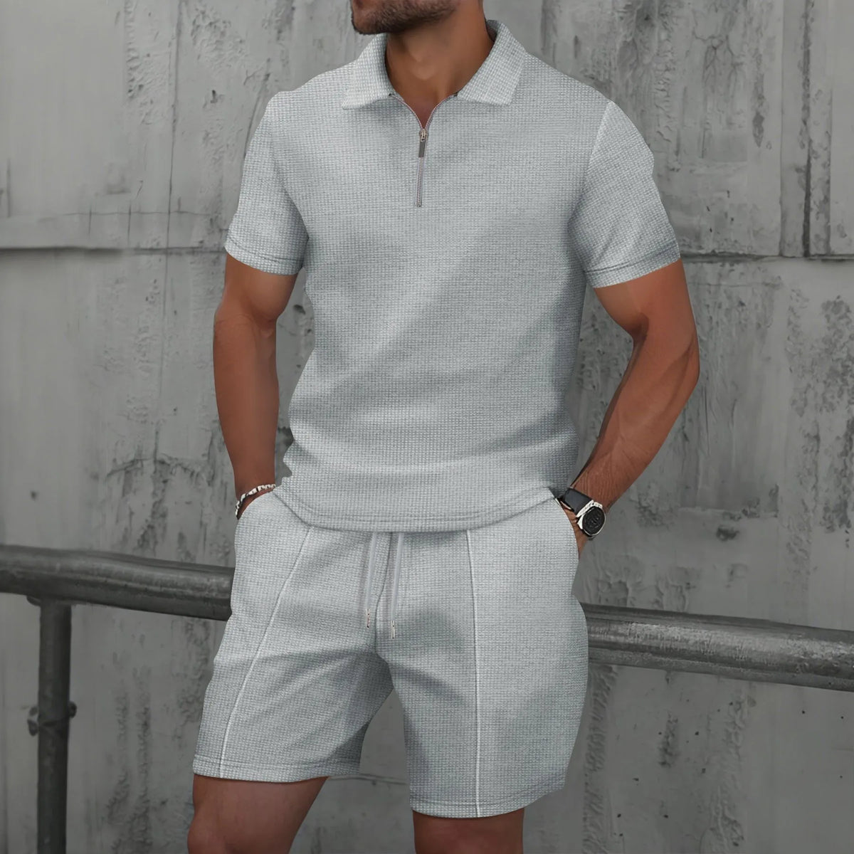 Men's Waffle Solid Color Zip Lapel Short Sleeve & Shorts Set – European Summer 2-Piece Suit