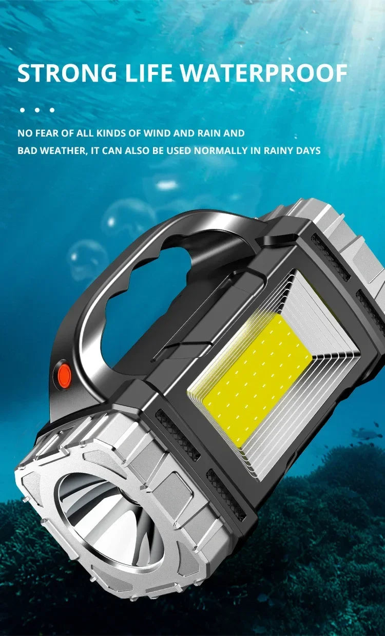 USB + Solar Rechargeable COB LED Flashlight – Powerful Outdoor Camping Torch & Portable Power Bank Searchlight