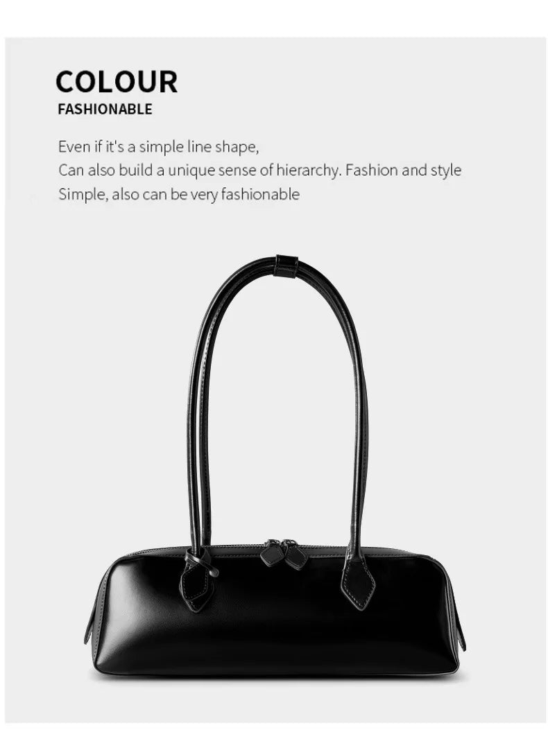 Vintage Genuine Leather Baguette Shoulder Bag – Korean Luxury Underarm Handbag for Women