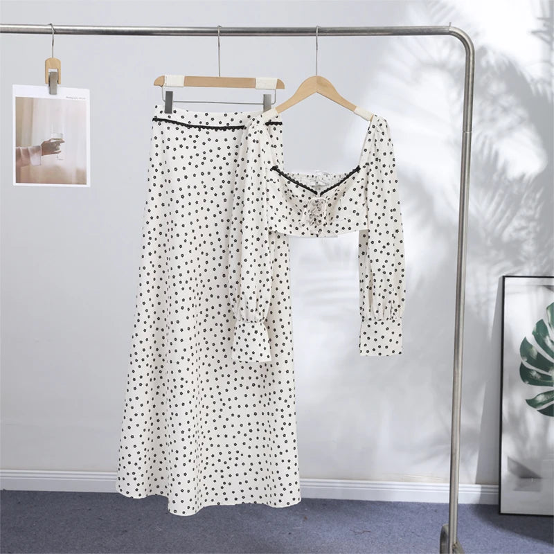 Polka Dot Puff Sleeve Crop Top & Maxi Skirt Set — Square Neck Tie-Front Vacation Outfit