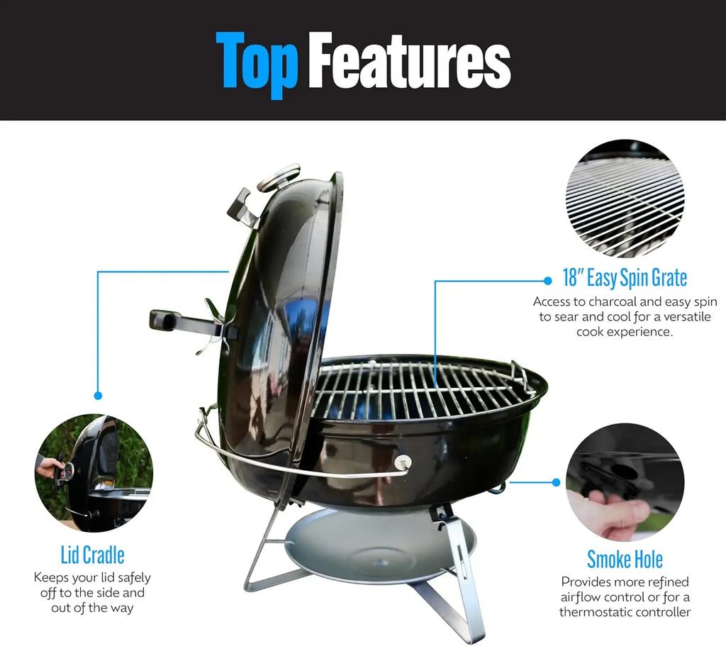 Portable Charcoal Grill 18" | 2-Zone Cooking, Easy Spin Grate, Charcoal Basket, Travel Kettle for Camping, Tailgating & Backyard BBQ