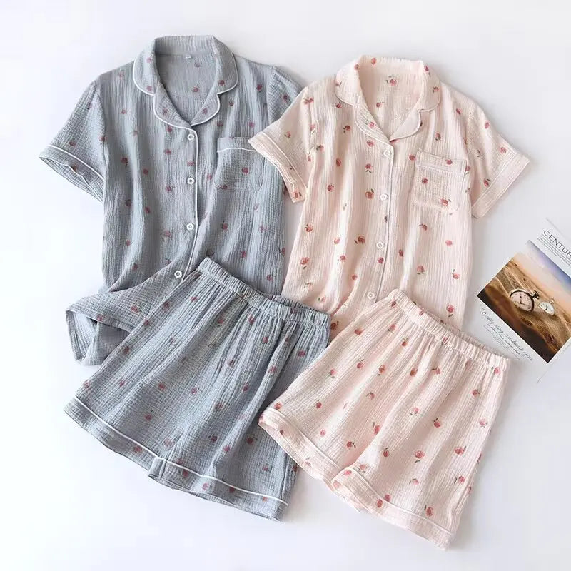 Women's 100% Cotton Short Sleeve Shorts Pajamas Set | Thin Crepe Cloth Spring Autumn Loose Homewear