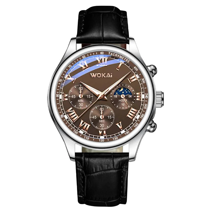 Men's Moon Phase Chronograph Quartz Watch | Luminous Leather Strap Luxury Sport Wristwatch
