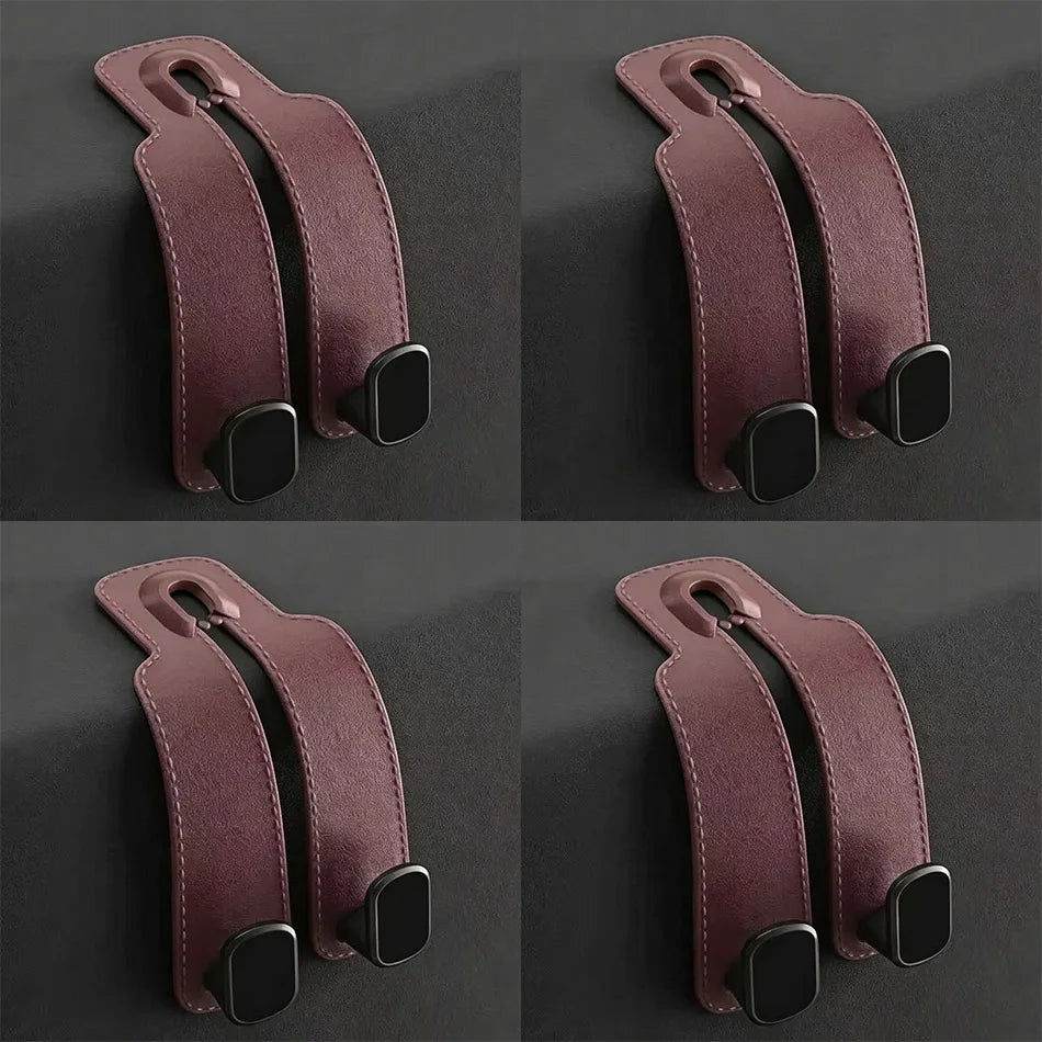 Four views of a pair of burgundy leather phone strap adjusters with black plastic end caps, arranged in a 2x2 grid on a dark gray background.