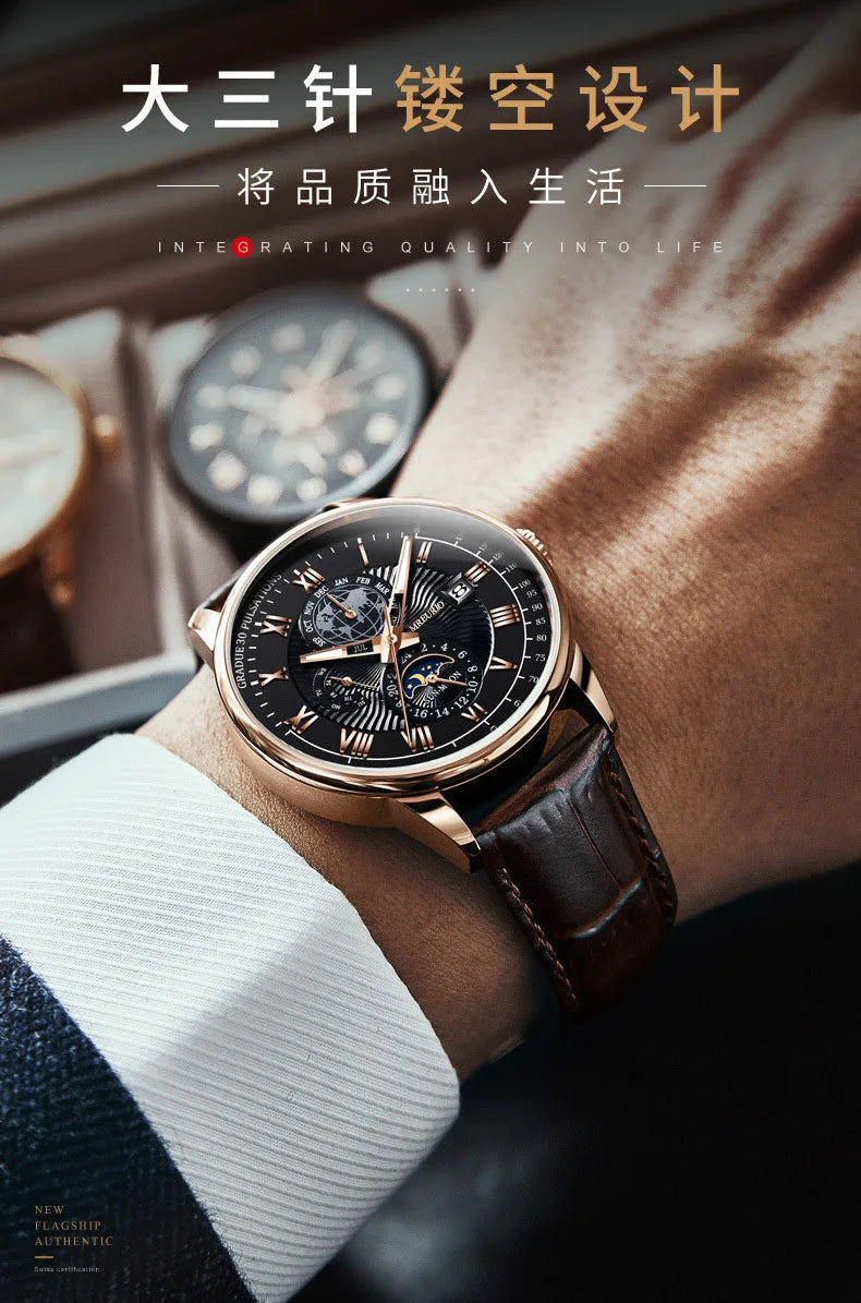 Men's Moon Phase Chronograph Quartz Watch | Luminous Leather Strap Luxury Sport Wristwatch
