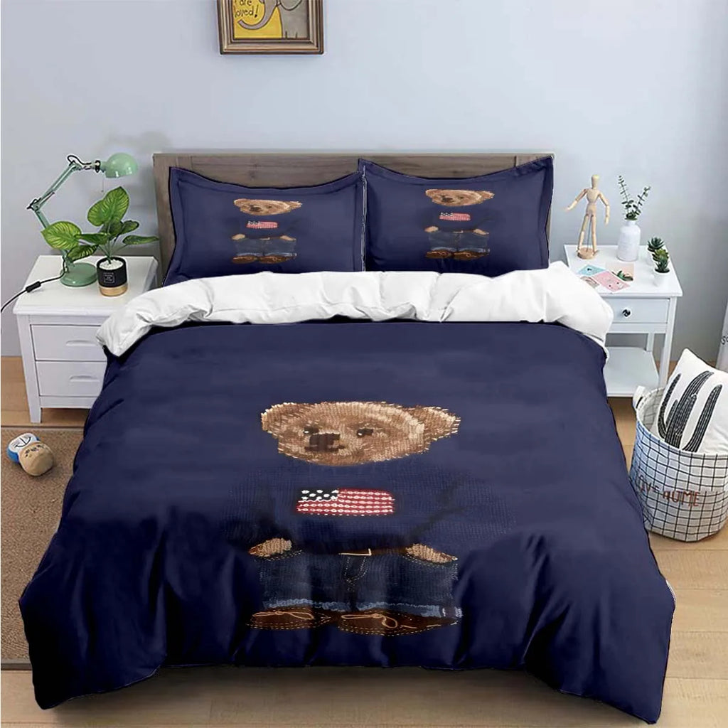 Cute Bear Print Bedding Set – Duvet Cover & Bed Linen, Single to King, Adults & Teens