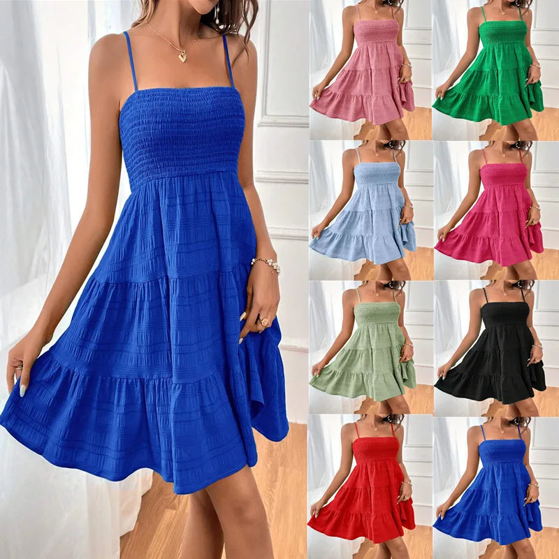 Women's Smocked Bustier Ruffled Tiered Swing Mini Dress – Spaghetti Strap Beach Vacation Dress