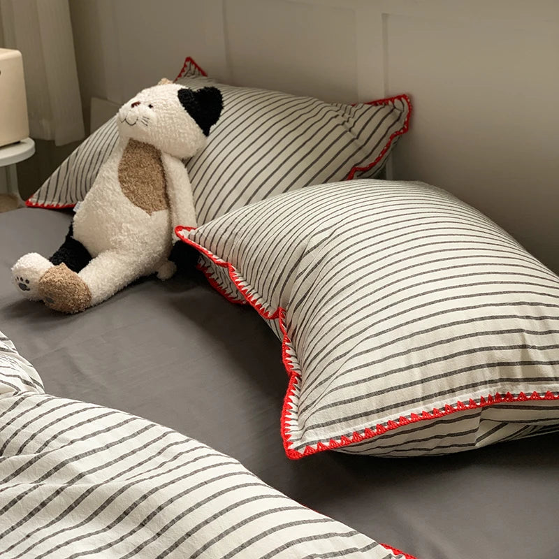 100% Cotton Stripe Duvet Cover Set – Washed 3-Piece Bedding with 2 Pillowcases, 6 Colors & 3 Sizes