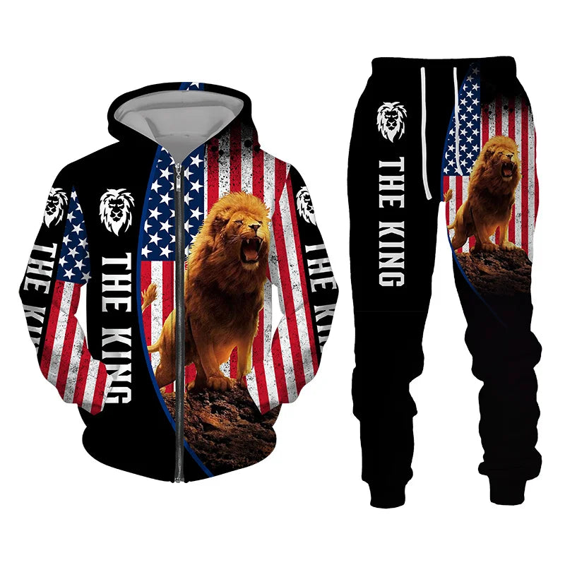 Men's 3D Lion Print Zip-Up Hoodie & Elastic Waist Pants Tracksuit Set