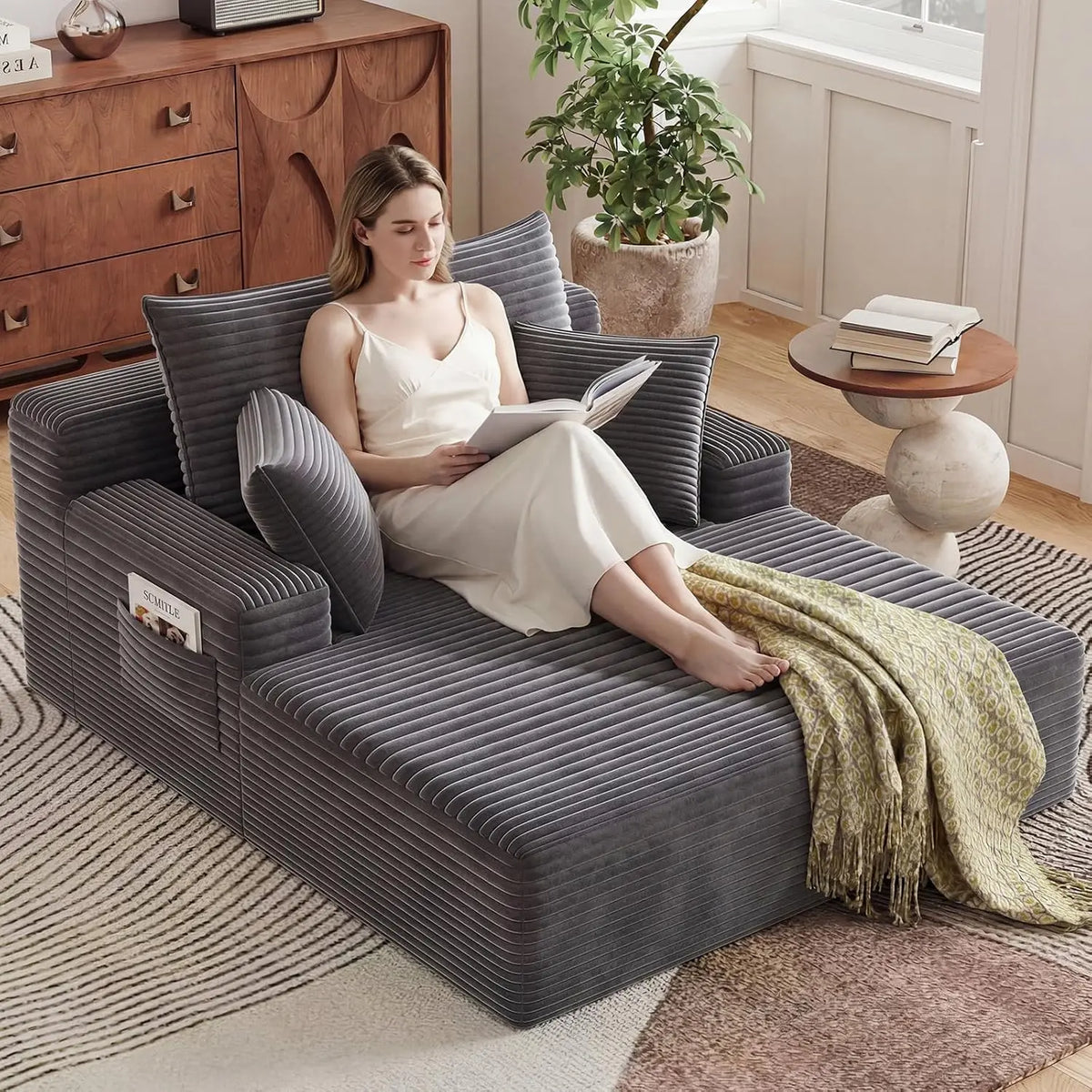 Oversized Corduroy Chaise Lounge with Cup Holders