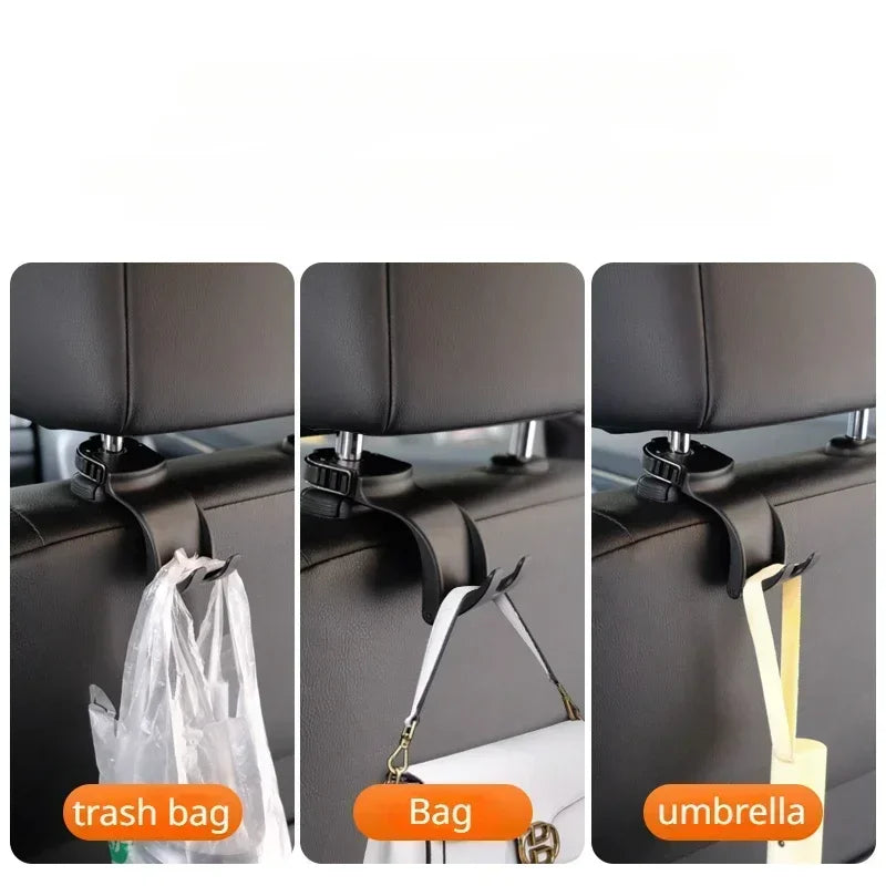 Car headrest organizer holding a trash bag, bag, and umbrella.