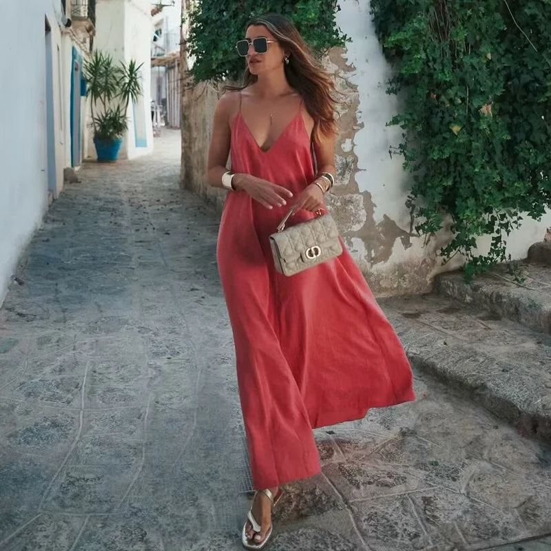 Red Backless Slip Maxi Dress — Sexy Draped Beach Party Dress