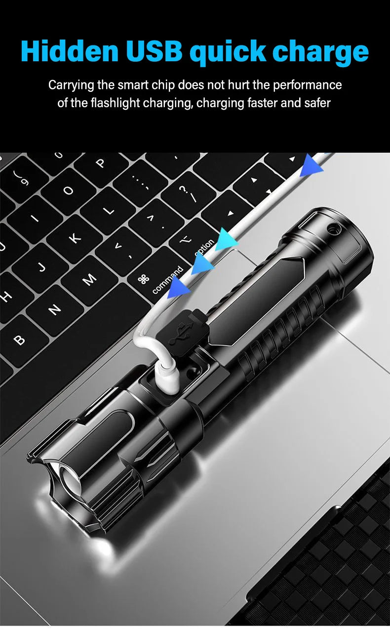 Zoomable LED Flashlight – USB-C Rechargeable, 3 Modes, Waterproof, 8–12hr Runtime for Camping & Hunting