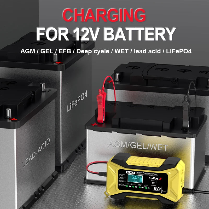 12V 6A Smart Car Battery Charger – Pulse Repair LiFePO4 14.6V Fast Charge AGM GEL Lead-Acid for Auto & Motorcycle