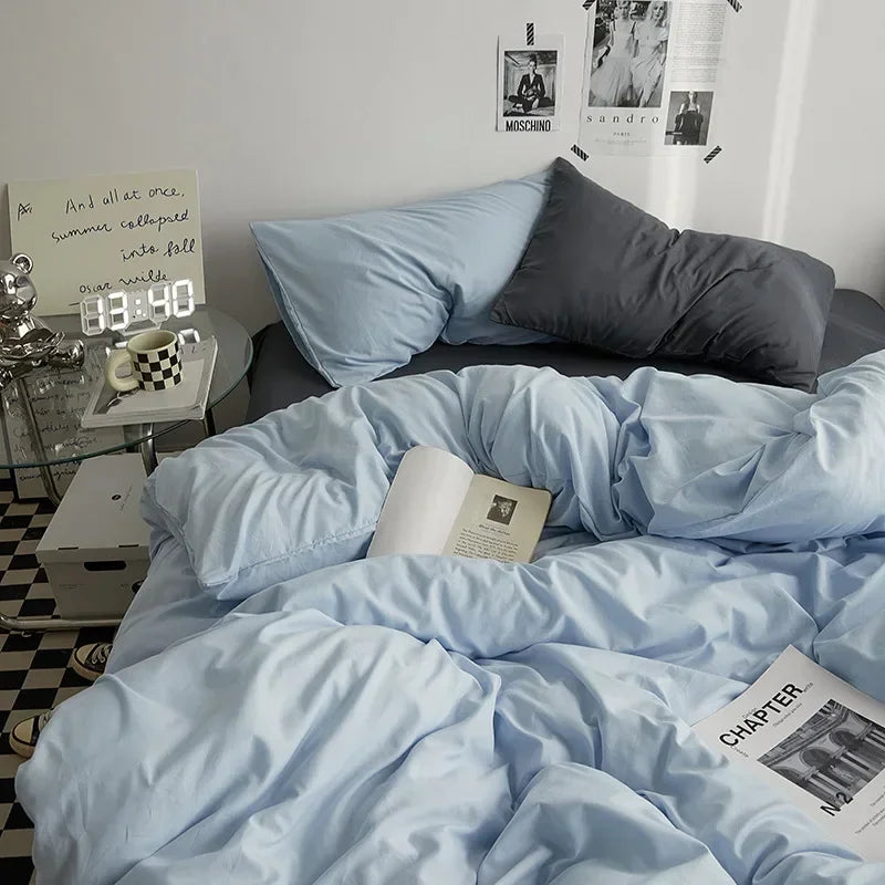 Solid Color Washed Cotton Bedding Set – 4-Piece Duvet Cover, Bed Sheet & Pillowcases, Twin to King