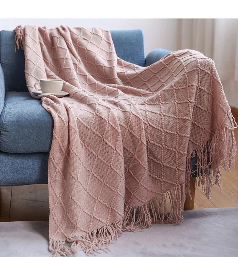 Knitted Acrylic Throw Blanket with Tassels – Chunky Farmhouse Style, 28 Colors & 2 Sizes