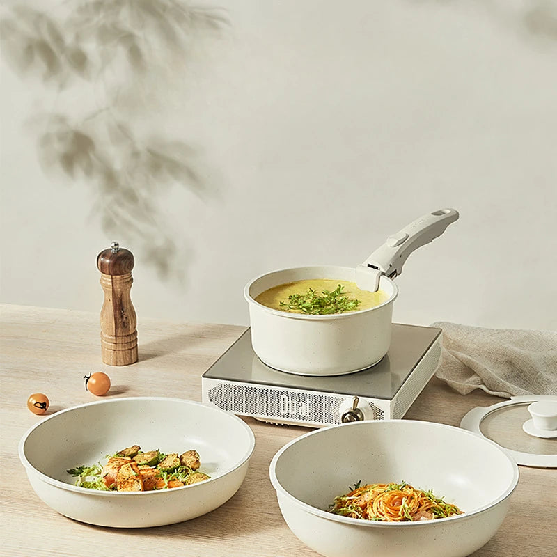 Nonstick Cookware Set – White, Detachable Handle