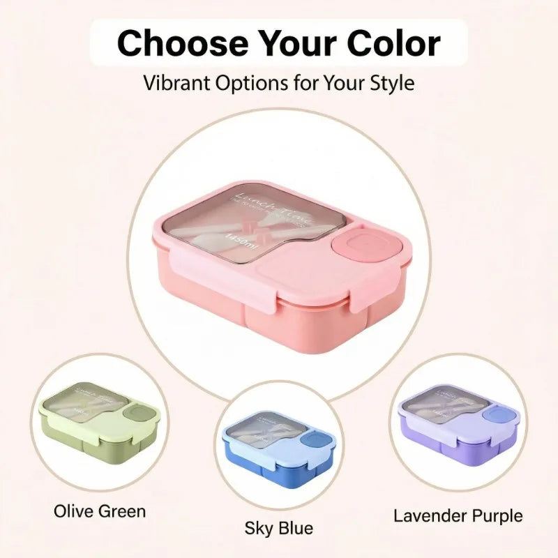 Pink bento box with options for olive green, sky blue, and lavender purple on a light pink background.
