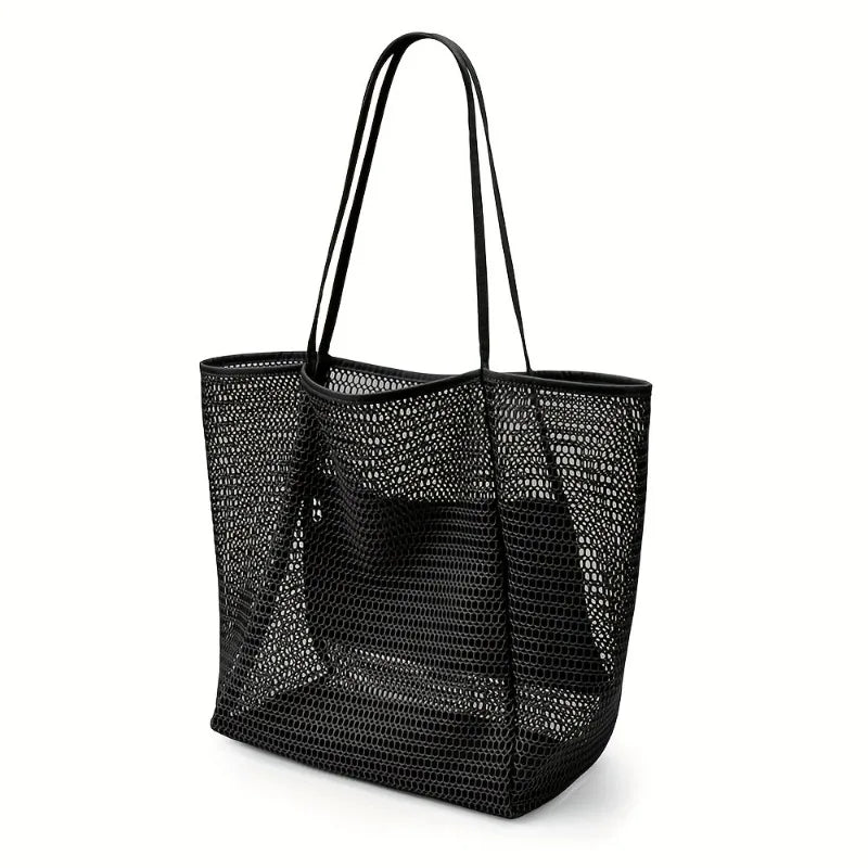 Women's Large Capacity Beach Tote Bag – Durable Polyester Woven Shoulder Bag for Travel & Shopping