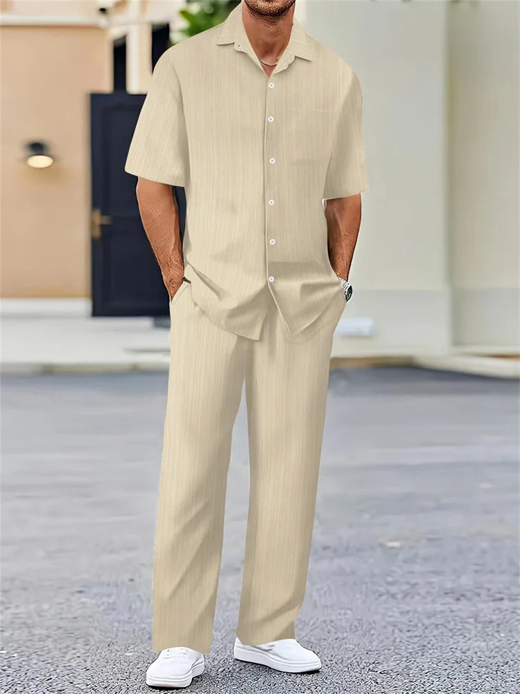 Men's 3D Striped Print Lapel Shirt & Shorts Casual Set – Autumn Outdoor 2-Piece