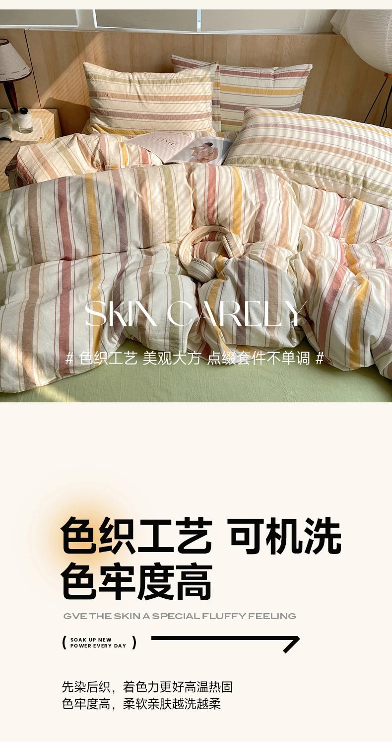 100% Cotton Stripe Bedding Set – Duvet Cover with Pillowcases, Twin to King