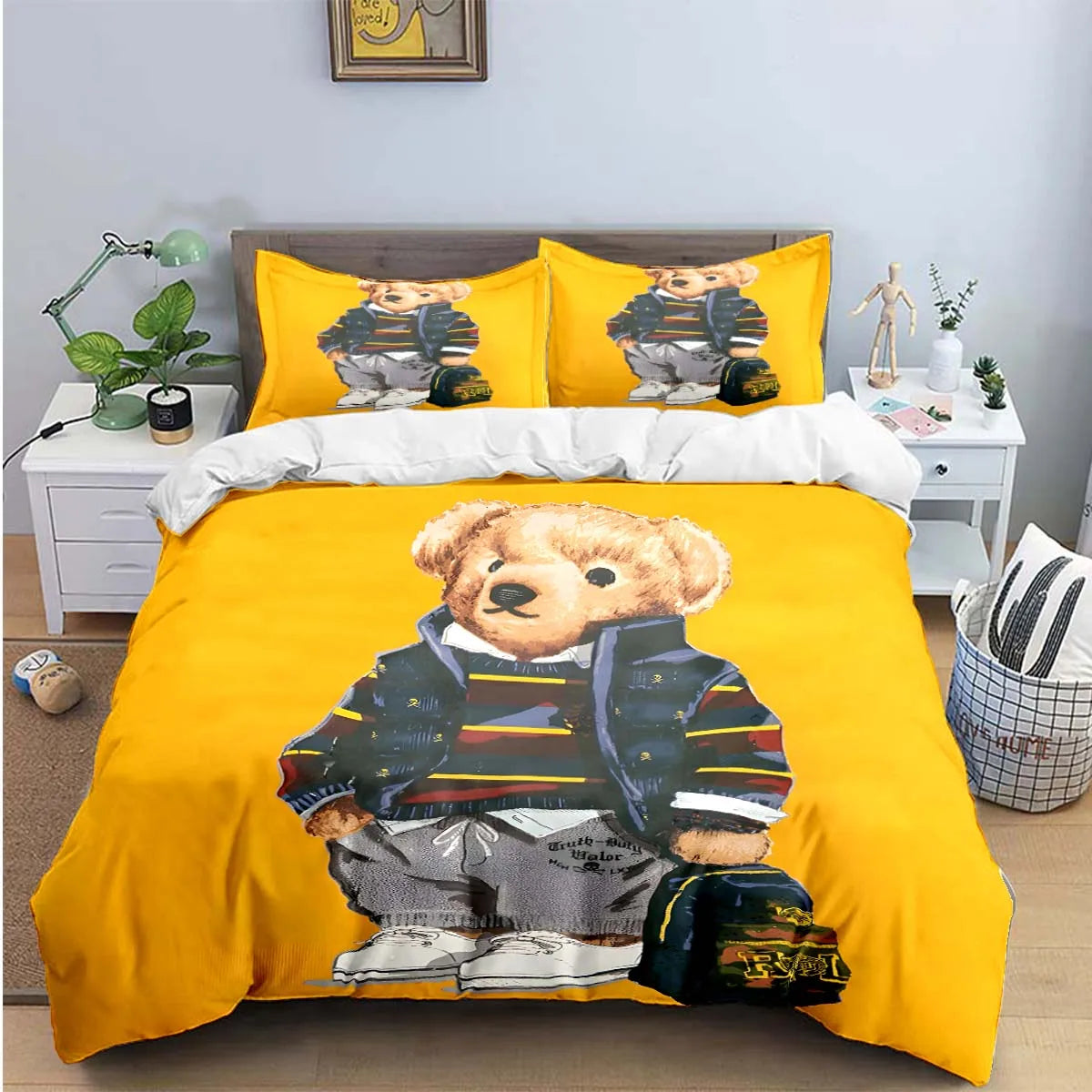 Cute Bear Print Bedding Set – Duvet Cover & Bed Linen, Single to King, Adults & Teens