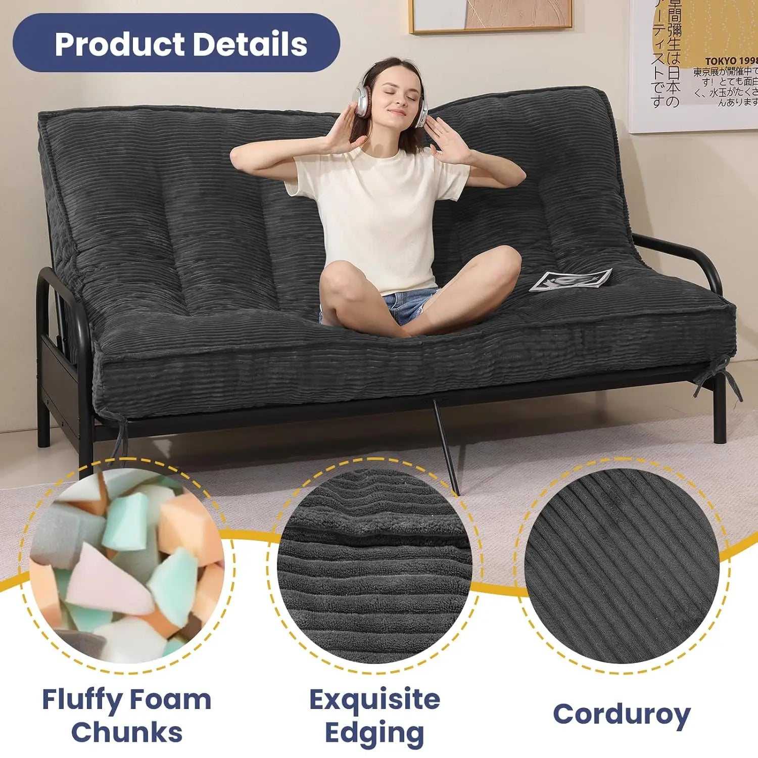 8" Thick Futon Mattress Full Size Shredded Foam Medium Firm Roll Up Folding Floor Sofa Bed Adults Customized